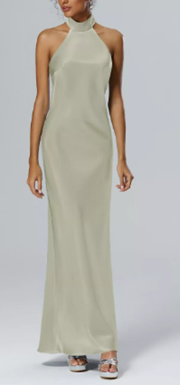 AW BRIDAL sz 10 L sage green satin charmeuse Mugwort halter maxi dress NEW b54